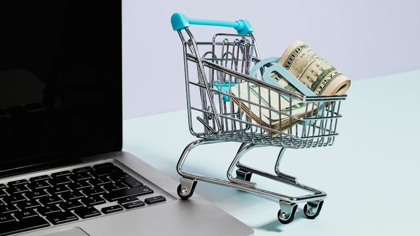 shopping cart with money on top of a laptop